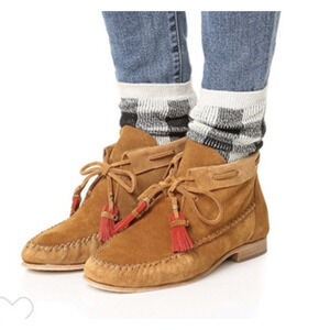 Soludos Brown Camel Suede Leather Moccasins Bootie Boots Tassel 9.5 Shoes Fringe